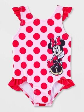 Baby Girls' Disney Minnie Mouse One Piece Swimsuit - Pink 9M: UPF 50+ Rash Guard